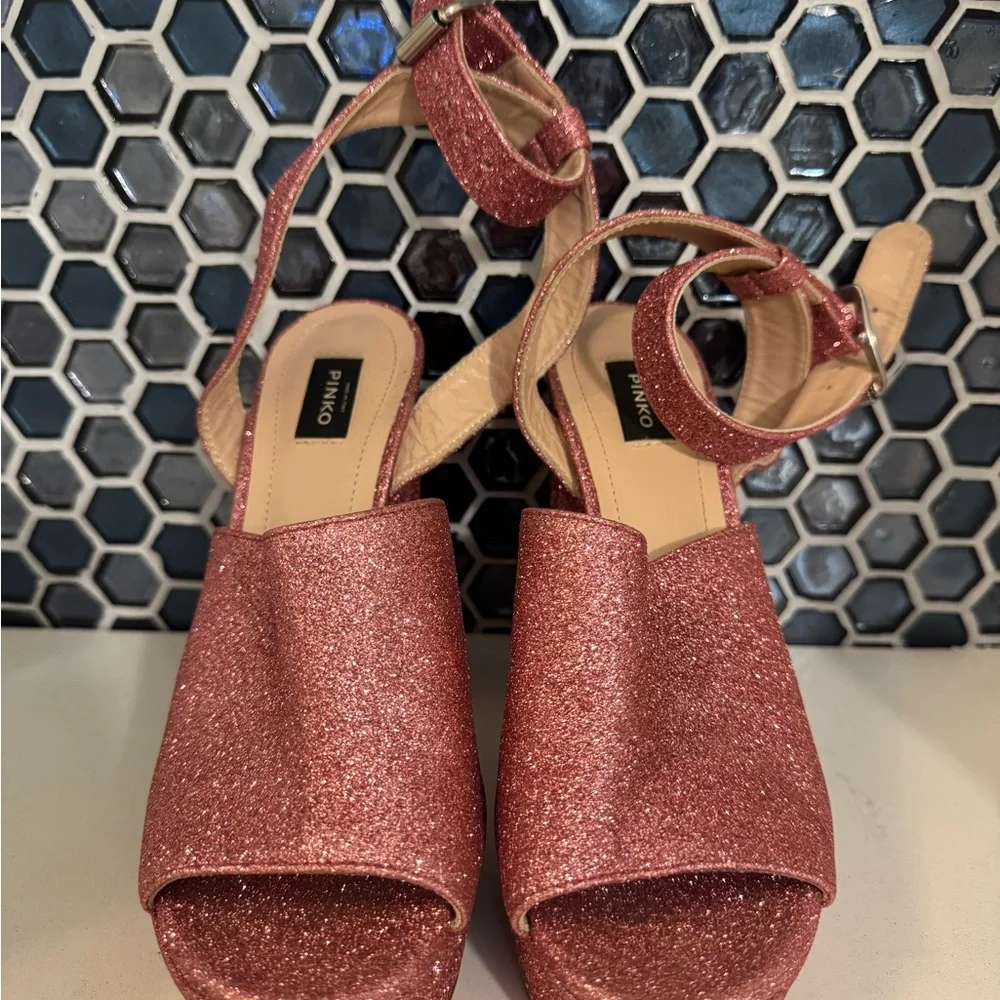 Pinko Rose Pink Glitter Platform Sandals